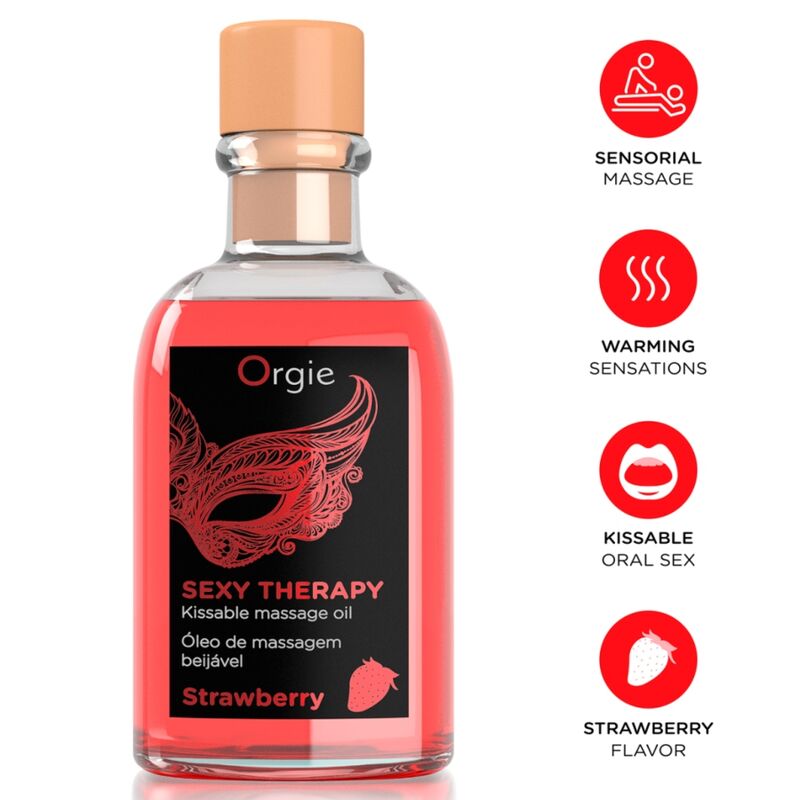 Kit de massagem ORGIE Lips com óleo beijável de morango de 100 ml, pluma e guia de massagem
