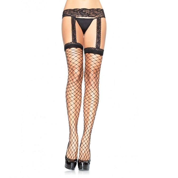 Meias de Red com Liguero de Encaje Negro da LEG AVENUE
