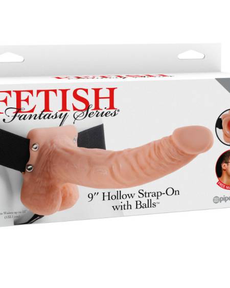 FETISH FANTASY SERIES - 9 HOLLOW STRAP-ON WITH BALLS 22.9CM NATURAL