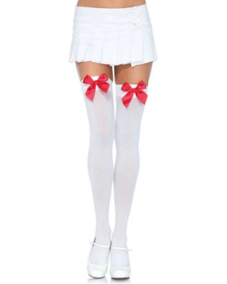 LEG AVENUE - MEDIAS NYLON BLANCO Y LAZO ROJO