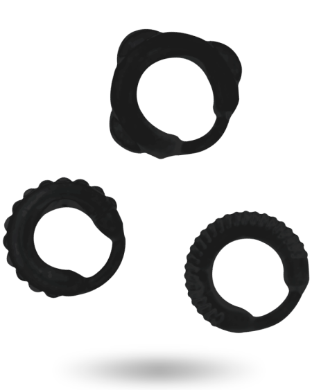 Conjunto ADDICTED TOYS com três anéis penianos em preto e transparente