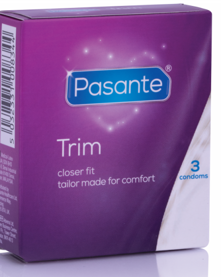 Embalagem de preservativos PASANTE Trim, de formato estreito e cor natural