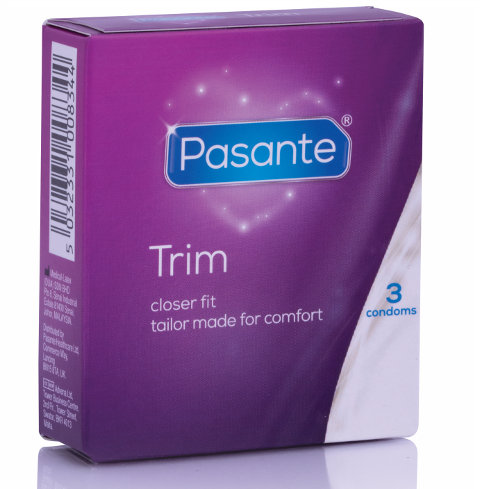 Embalagem de preservativos PASANTE Trim, de formato estreito e cor natural