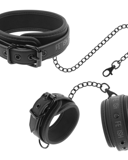 FETISH SUBMISSIVE - COLLAR Y ESPOSAS CUERO VEGANO CON FORRO DE NEOPRENO