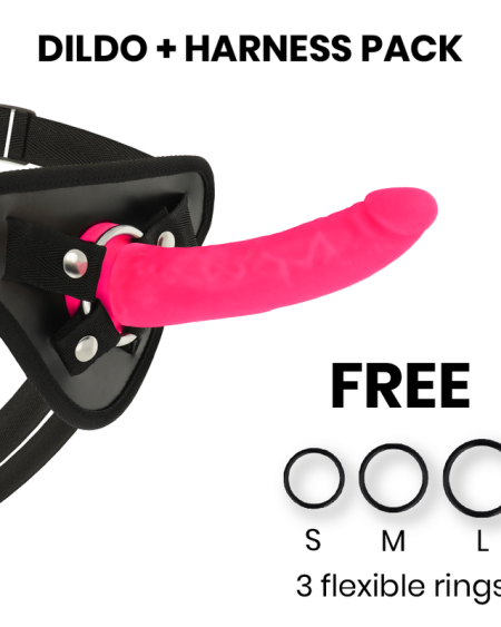 Conjunto DELTACLUB de arnês com dildo em silicone médico e anéis flexíveis