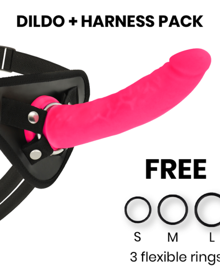 Dildo com arnês rosa de silicone médico 20 cm