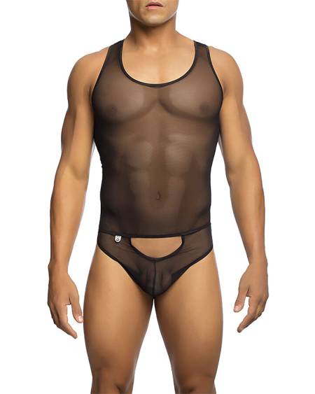 MOB – Body preto de tule transparente com abertura frontal - L/XL
