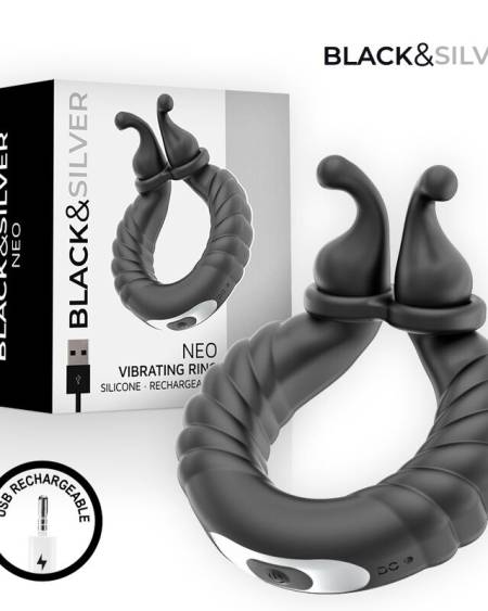 BLACK & SILVER - NEO ANILLO VIBRADOR RECARGABLE PARA PAREJAS NEGRO