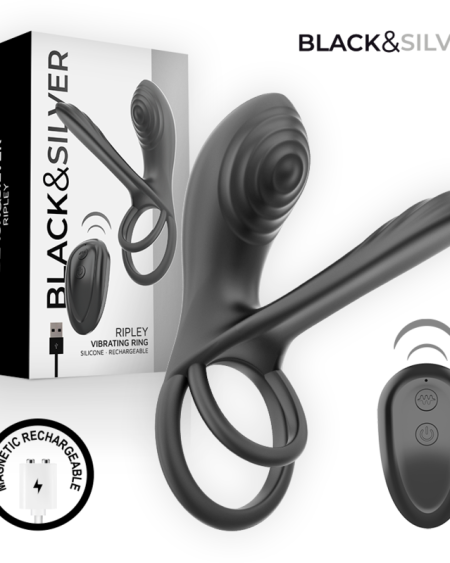 BLACK & SILVER - RIPLEY ANILLO VIBRADOR RECARGABLE CON CONTROL REMOTO NEGRO