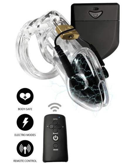 HIDDEN DESIRE - EXTREME PENIS GEAR JAULA DE CASTIDAD CON ELECTROESTIMULACIÓN Y CONTROL REMOTO TRANSPARENTE