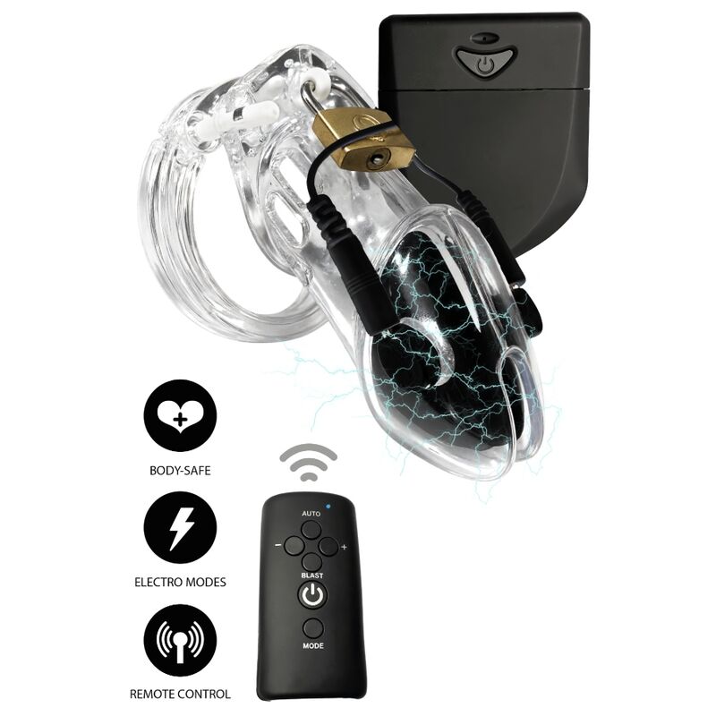 HIDDEN DESIRE - EXTREME PENIS GEAR JAULA DE CASTIDAD CON ELECTROESTIMULACIÓN Y CONTROL REMOTO TRANSPARENTE
