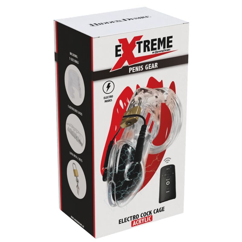 HIDDEN DESIRE - EXTREME PENIS GEAR JAULA DE CASTIDAD CON ELECTROESTIMULACIÓN Y CONTROL REMOTO TRANSPARENTE