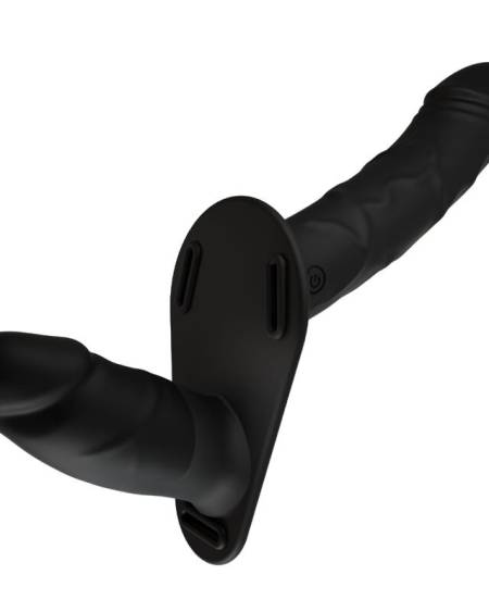 HIDDEN DESIRE - INFERNO ARNÉS CON DOBLE DILDO VIBRADOR DE SILICONA 14 CM CONTROL REMOTO NEGRO